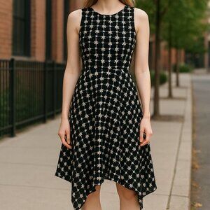 Tahari ASL Black White Embriodered Dress 12 Asymmetrical Hem Lined Sleeveless